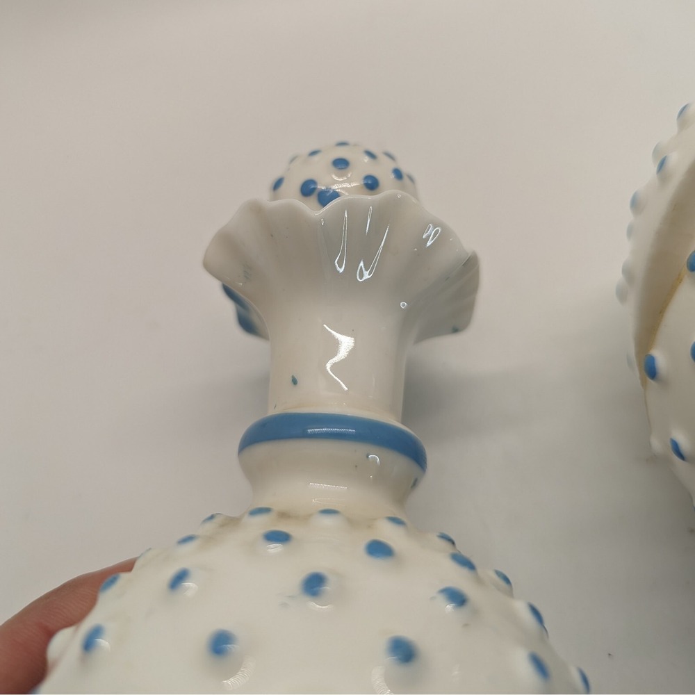 Vintage Blue & White Milk Glass Hobnail (2) Perfume + Trinket Box - Picture 8 of 12